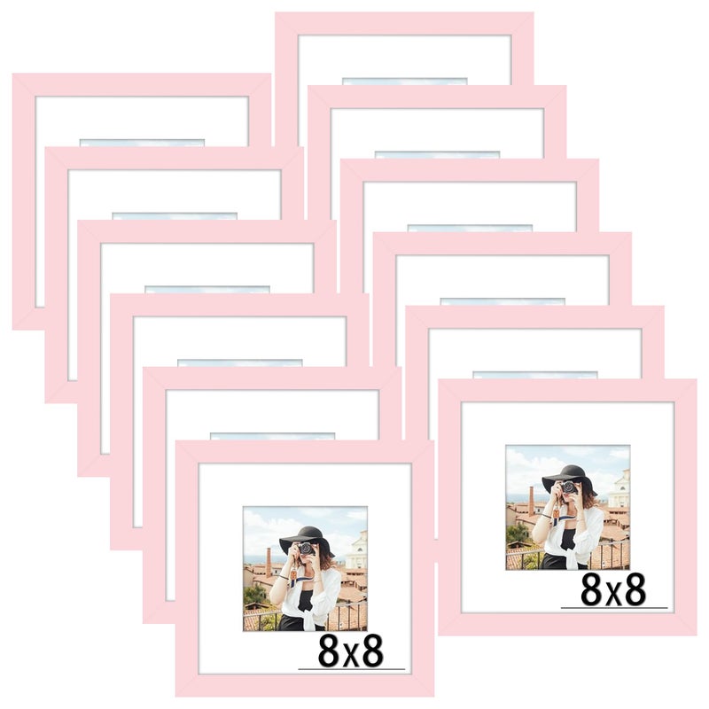 Picrit 8x8 Picture Frame Set of 12  Display 5x5 with Mat or 8 x 8 Without Mat  Photo Frames for Wall Mounting or Table Top Display  Pink - Image 1