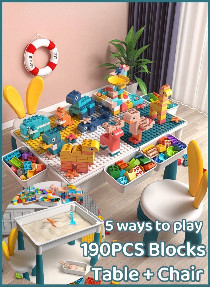 190PCS Kids Multifunctional Education Building Block Table and Chair Set Includes A Large Building Block Table with 190 Blocks, 1 Chair, and 4 Storage Boxes,Toys for Boys Girls 2 3 4 5-10 Year Old  - Image 1