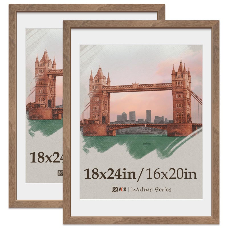 VCK 18x24 Poster Frame 2 Pack Natural Wood Grain Brown Walnut Display 16x20 Picture with Mat or 18x24 without Mat Wall Hanging