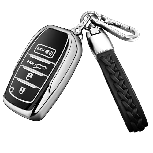 Autophone غطاء مفتاح سيارة أوتوفون لتويوتا مع سلسلة مفاتيح جلدية حماية ناعمة TPU لحافظة المفتاح لسيارة كامري 2025 وفينزا 2019-2024، RAV4 Prime، لاند كروزر، فورتشنر، جراند هايلاندر، كورولا، 4-5 أزرار (فضي) - Image 1