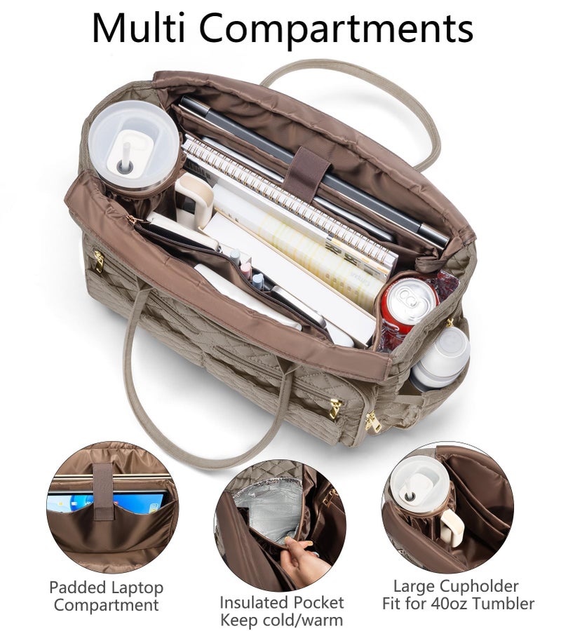 Bagstellar Teacher Tote Bags for Women, 15.6 inch Laptop Work Tote Nurse Bible Bag With Large Cup Holder & Insulated Pocket Quilted Shoulder Handbag Laptop Briefcase for Work, Daily, School, Travel, Gifts - Image 3