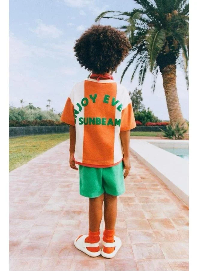 Magu Boys' Cotton Green and Orange Slogan T-Shirt and Shorts Set – Detailed with Sunbeam Print.