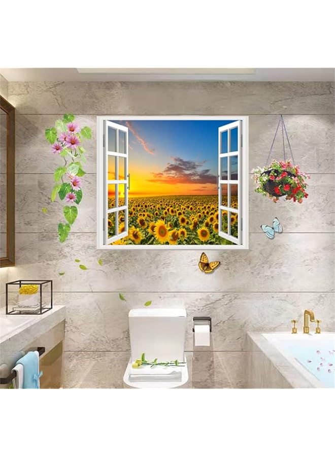 إيروريكس ملصق حائط ذاتي اللصق لغرفة المعيشة الرومانسية وغرفة النوم والمكتب والدراسة وملصق حائط ديكوري بمناظر المحيط وملصق نافذة وهمي جدارية 17.3 بوصة × 27.6 بوصة عباد الشمس - Image 2