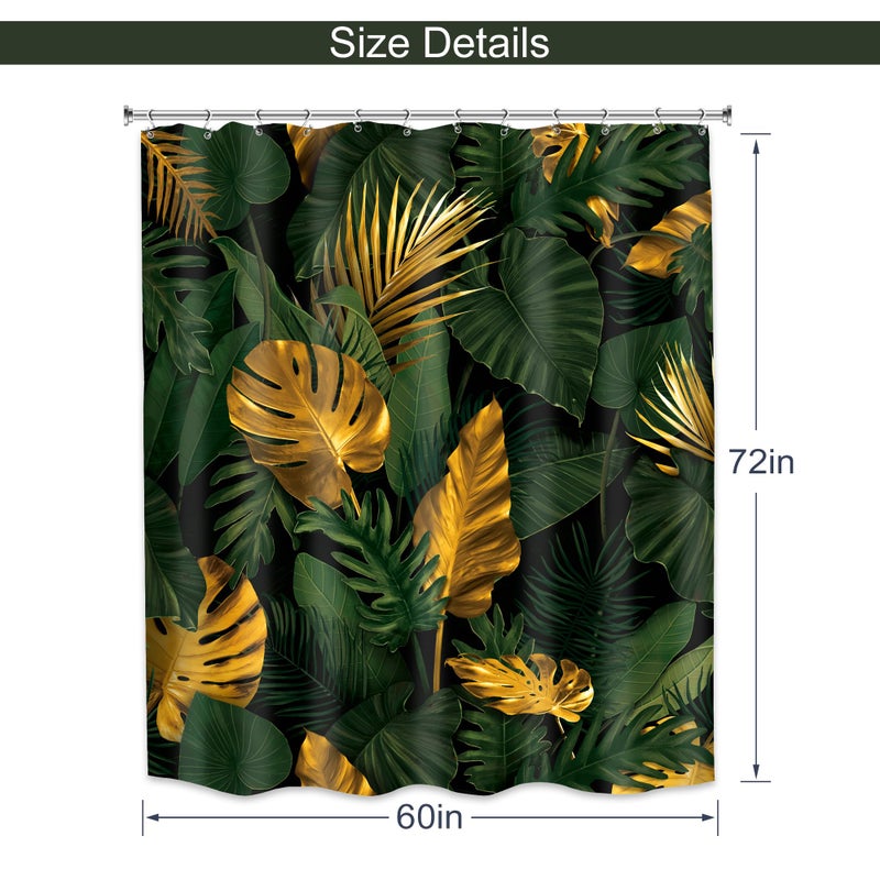 MESHELLY Green Gold Shower Curtain 60Wx72H Tropical Monstera Palm Leaves Jungle Banana Leaf Botanical Plant Aesthetic Modern Bathroom Curtain Nature Simple Bathroom Decor with 12 Hooks Fabric - Image 3