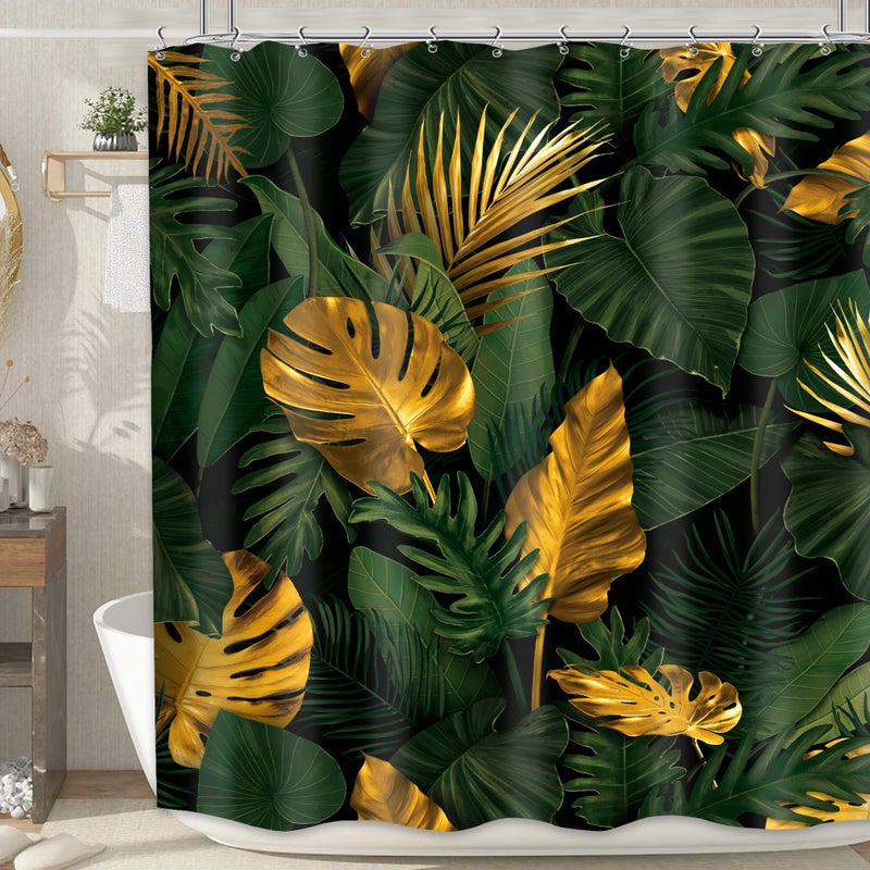 MESHELLY Green Gold Shower Curtain 60Wx72H Tropical Monstera Palm Leaves Jungle Banana Leaf Botanical Plant Aesthetic Modern Bathroom Curtain Nature Simple Bathroom Decor with 12 Hooks Fabric - Image 1