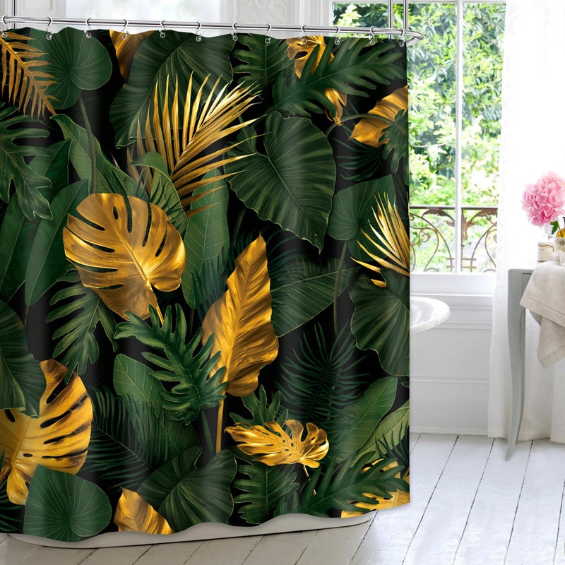 MESHELLY Green Gold Shower Curtain 60Wx72H Tropical Monstera Palm Leaves Jungle Banana Leaf Botanical Plant Aesthetic Modern Bathroom Curtain Nature Simple Bathroom Decor with 12 Hooks Fabric - Image 2