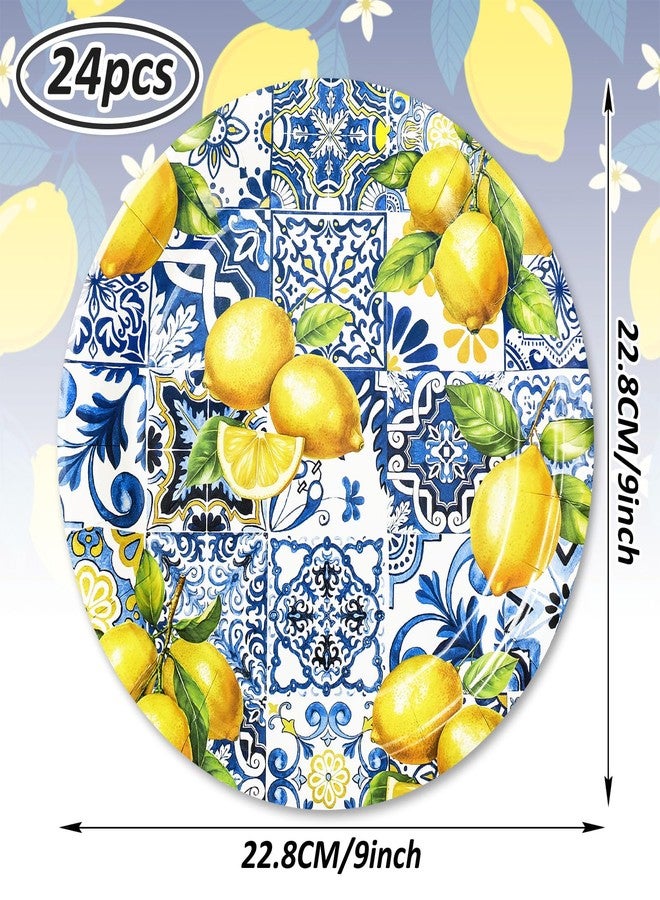 JarThenaAMCS Summer Plates Tiles Lemon Disposable Paper Plates Yellow Blue Dinner Plates 9 Inch Dessert Plates for Party Supplies Table Decor, 24Pcs - Image 2