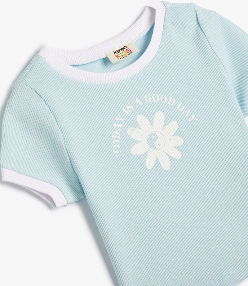 KOTON Crop T-Shirt Floral Printed Short Sleeve Crew Neck Cotton