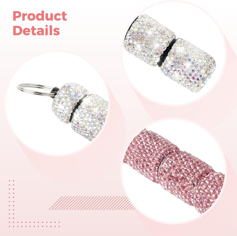 Portable Pink and White Pill Organizer, 2 Small Sparkling Pill Keychain Containers, Four Compartments, Aluminum Alloy Metal Pill Fob with Rhinestones - Image 2