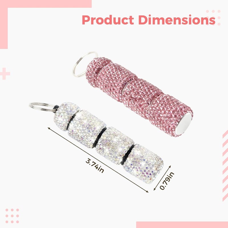 Portable Pink and White Pill Organizer, 2 Small Sparkling Pill Keychain Containers, Four Compartments, Aluminum Alloy Metal Pill Fob with Rhinestones - Image 4