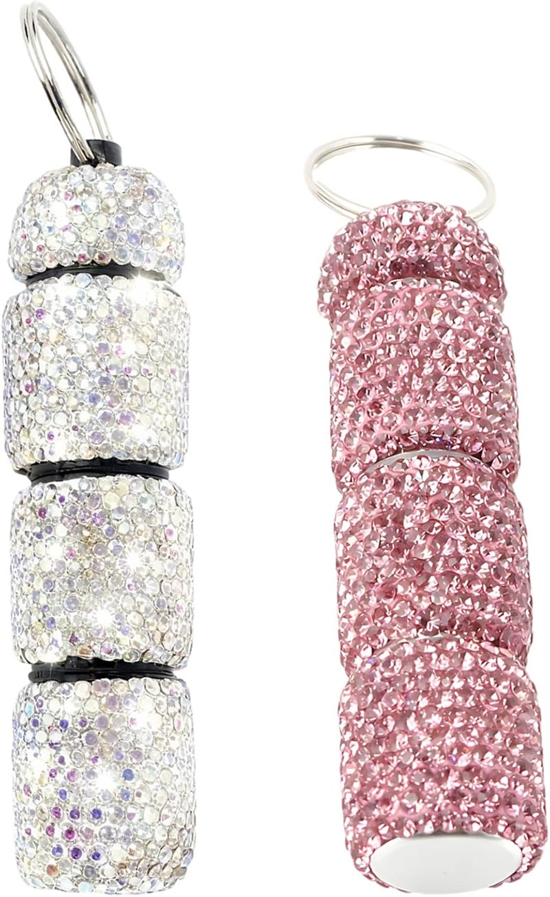 Portable Pink and White Pill Organizer, 2 Small Sparkling Pill Keychain Containers, Four Compartments, Aluminum Alloy Metal Pill Fob with Rhinestones - Image 1