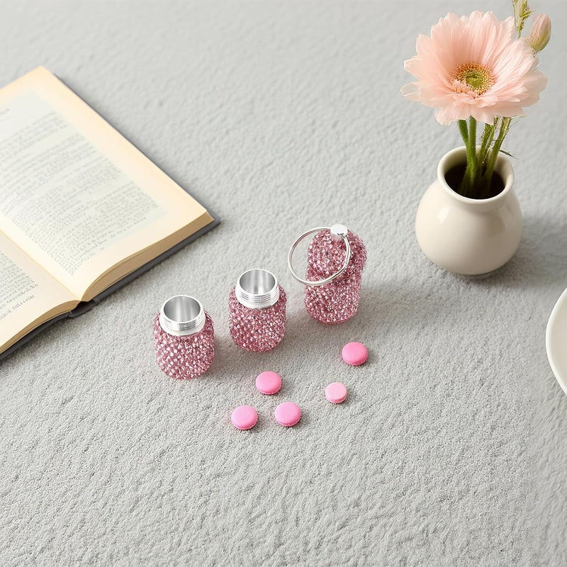 Portable Pink and White Pill Organizer, 2 Small Sparkling Pill Keychain Containers, Four Compartments, Aluminum Alloy Metal Pill Fob with Rhinestones - Image 3