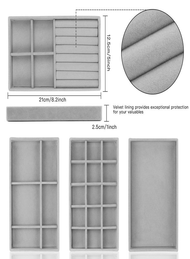 SRUSTEPY Stackable Velvet Jewellery Organiser Trays, Storage Box with Compartments, Grey (2 Set Jewelry Trays) - Image 2