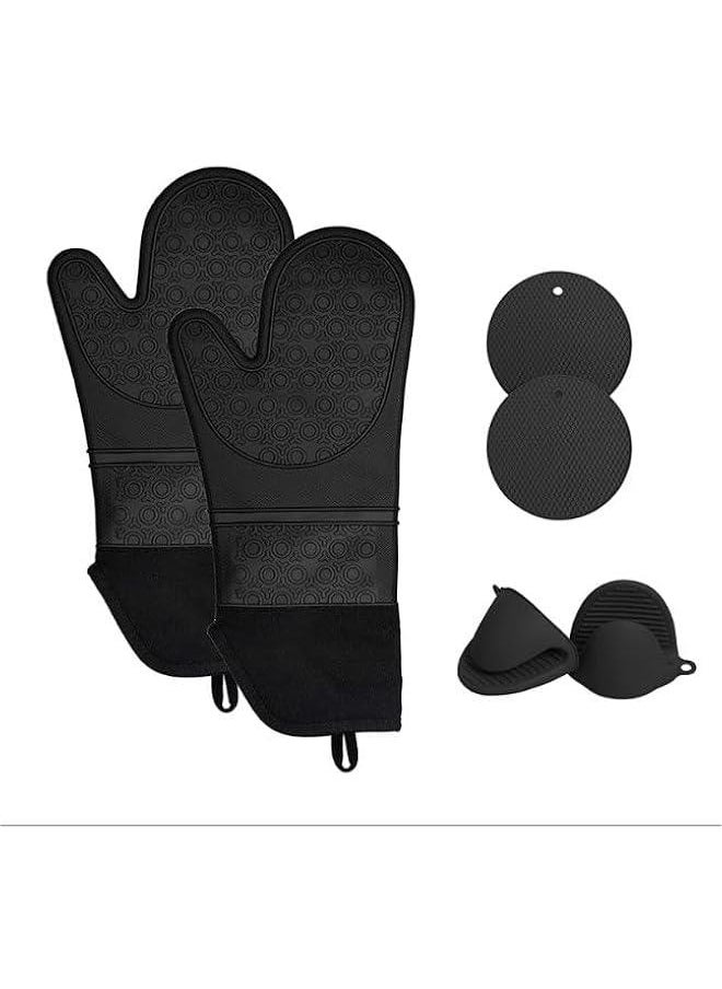 HOOKOR Extra Long Oven Mitts and Pot Holders Sets: Heat Resistant Silicone Mittens with Mini Gloves Hot Pads Potholders for Kitchen Baking Cooking, Quilted Liner, Black, Pack of 6 (Black)  - Image 1