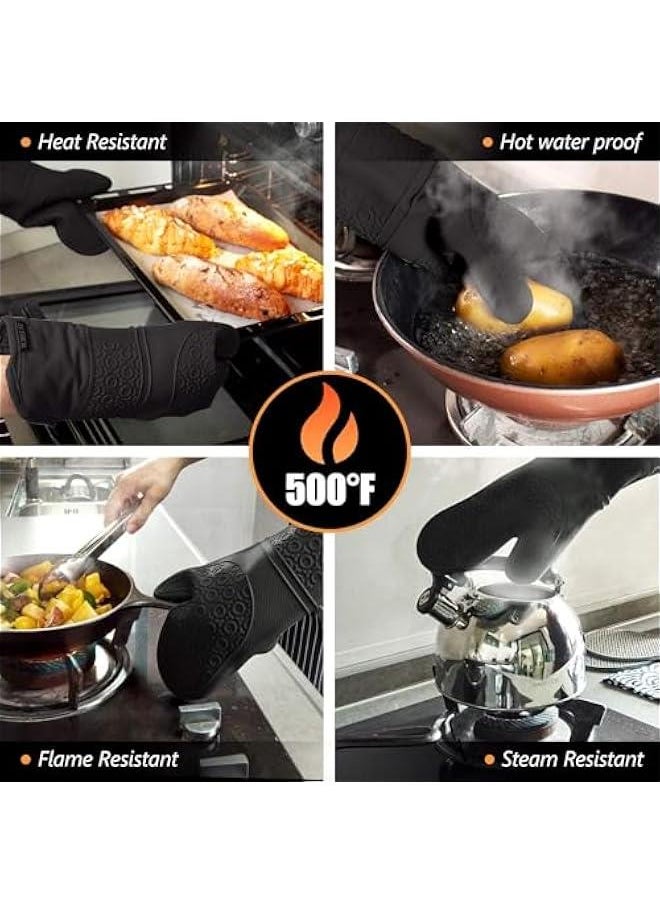 HOOKOR Extra Long Oven Mitts and Pot Holders Sets: Heat Resistant Silicone Mittens with Mini Gloves Hot Pads Potholders for Kitchen Baking Cooking, Quilted Liner, Black, Pack of 6 (Black)  - Image 3