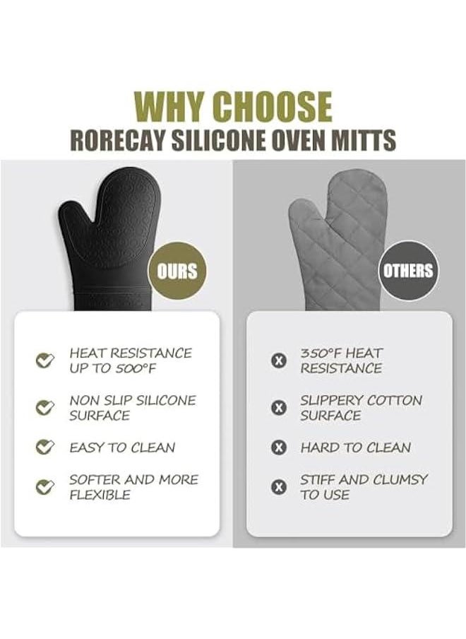 HOOKOR Extra Long Oven Mitts and Pot Holders Sets: Heat Resistant Silicone Mittens with Mini Gloves Hot Pads Potholders for Kitchen Baking Cooking, Quilted Liner, Black, Pack of 6 (Black)  - Image 4