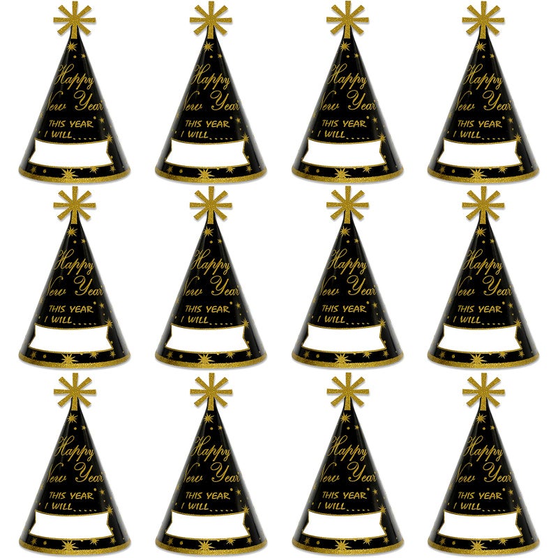 KALEFO 12PCS New Years Eve Party Supplies 2026 Gold Glitter Happy New Years Eve Party Favor Cone Hats for Count Down Party - Image 3