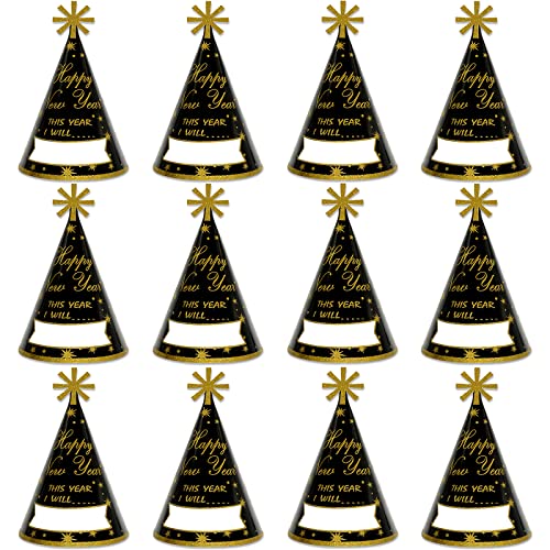 KALEFO 12PCS New Years Eve Party Supplies 2026 Gold Glitter Happy New Years Eve Party Favor Cone Hats for Count Down Party - Image 1