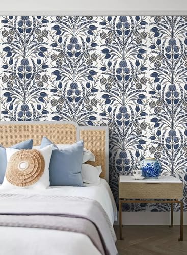 CiCiwind Blue and White Peel and Stick Wallpaper Floral Wall Paper Boho Self Adhesive Renter Friendly Contact Paper for Bedroom Bathroom William Morris Decor Vinyl Rolls 17.3"×78.7" - Image 3