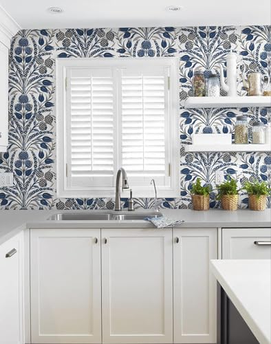 CiCiwind Blue and White Peel and Stick Wallpaper Floral Wall Paper Boho Self Adhesive Renter Friendly Contact Paper for Bedroom Bathroom William Morris Decor Vinyl Rolls 17.3"×78.7" - Image 5
