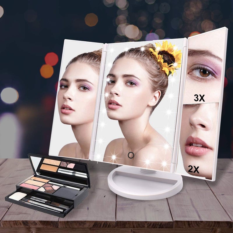 WEILY Makeup Mirror with 21 LED Lights,Two Power Supply Modes, Adjustable Touch Screen and 1x/2x/3x Magnification Tri-Fold Vanity Mirror,Chargeable Travel Cosmetic Mirror for Desktop(White) - Image 2