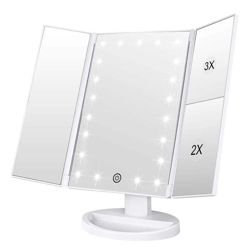 WEILY Makeup Mirror with 21 LED Lights,Two Power Supply Modes, Adjustable Touch Screen and 1x/2x/3x Magnification Tri-Fold Vanity Mirror,Chargeable Travel Cosmetic Mirror for Desktop(White) - Image 1