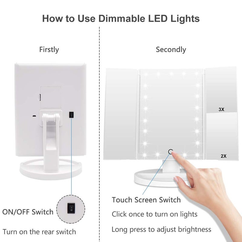 WEILY Makeup Mirror with 21 LED Lights,Two Power Supply Modes, Adjustable Touch Screen and 1x/2x/3x Magnification Tri-Fold Vanity Mirror,Chargeable Travel Cosmetic Mirror for Desktop(White) - Image 5