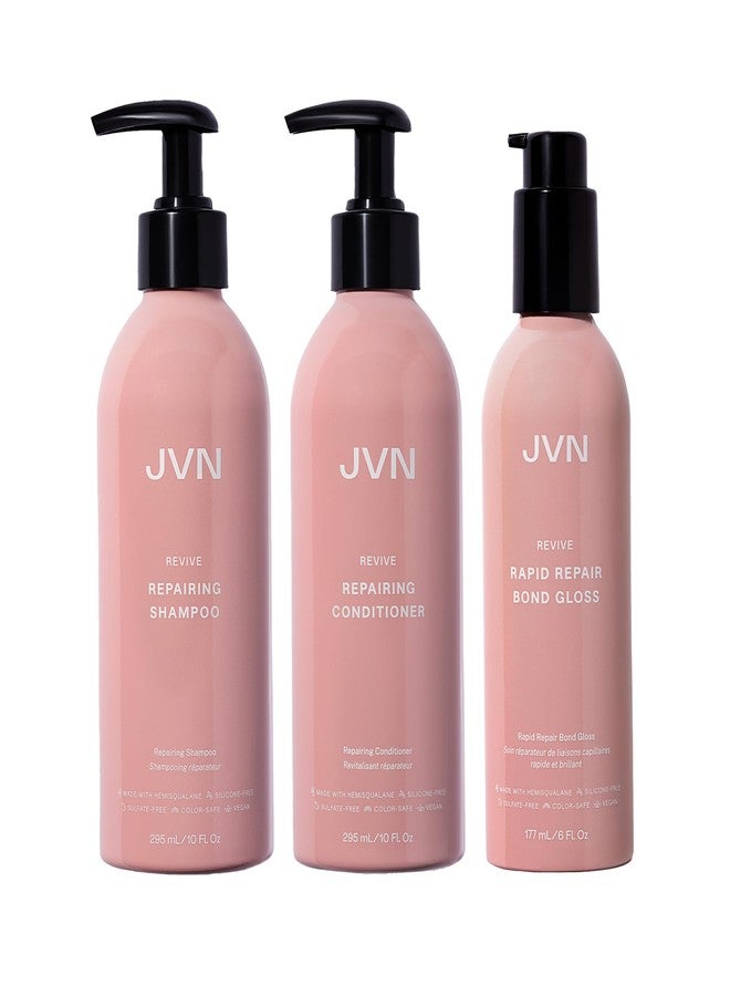 جي في ان مجموعة JVN الأساسية لإصلاح وتلميع الشعر، عبوة من 3 قطع، تتضمن شامبو وبلسم Revive Repairing، وملمع Revive Rapid Repair Hair Bond Gloss، مصممة للشعر التالف، خالية من السيليكون، للعناية بالشعر للنساء والرجال - Image 1