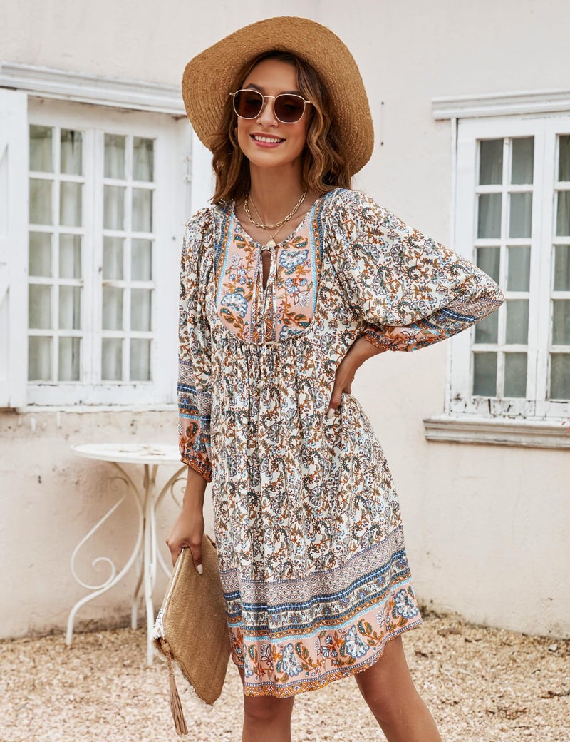 Bluetime Women Casual Summer Dress Boho V Neck 3/4 Sleeve Babydoll Floral Print Flowy Beach Dress (XXL, Beige) - Image 3