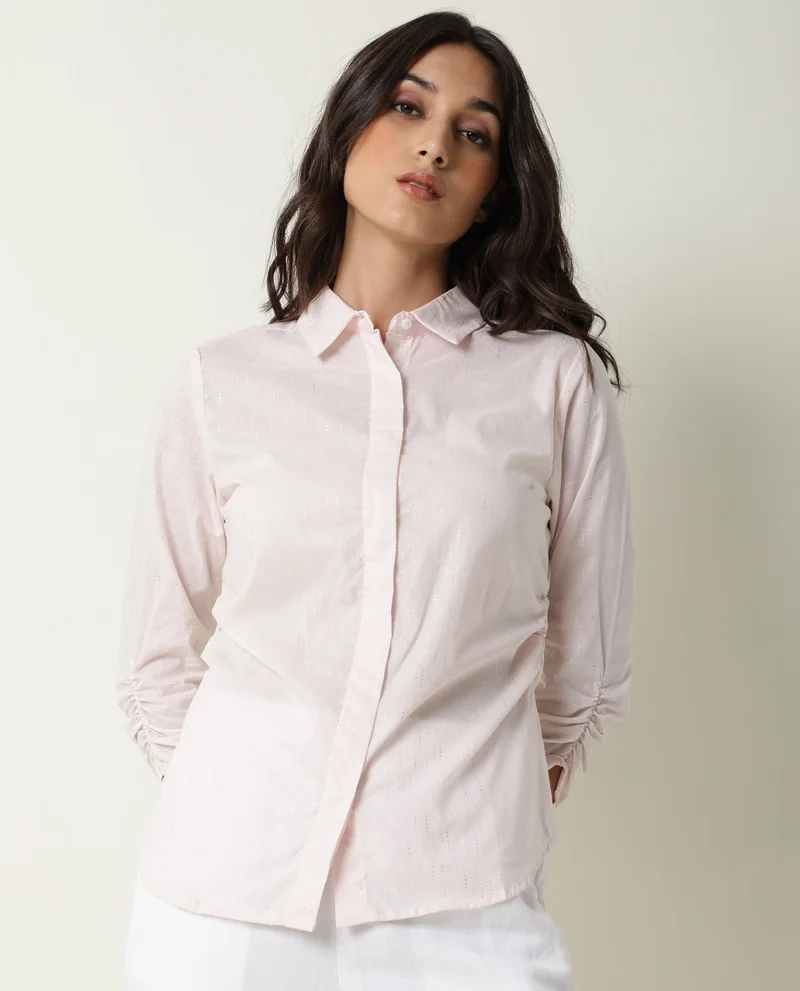 Rareism Women's Glitter Print Ruched Detail Shirt