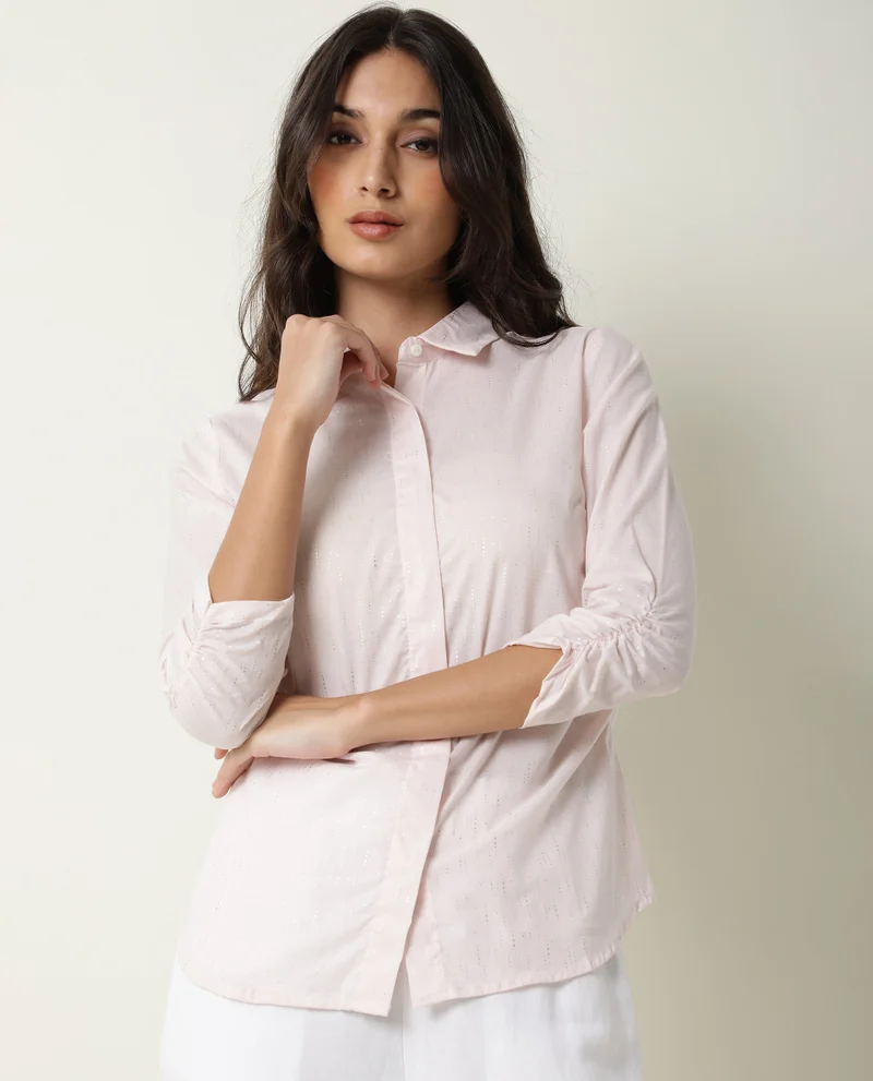Rareism Women's Glitter Print Ruched Detail Shirt