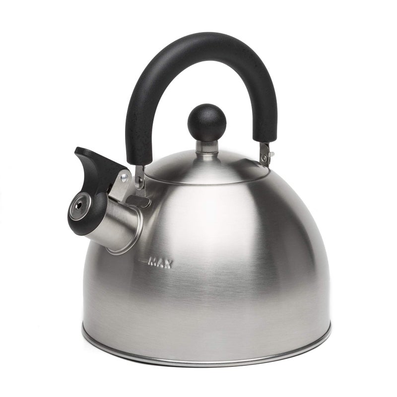 Primula Stewart Whistling Stovetop Tea Kettle Food Grade Stainless Steel Hot Water Fast to Boil Cool Touch Folding 15Quart Brushed with Black Handle