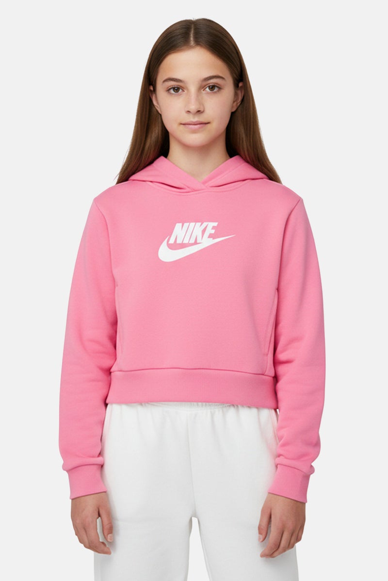 Nike Kids Girl Brand Logo Long Sleeve Outdoor Crop Hoodie, Pink - Image 1