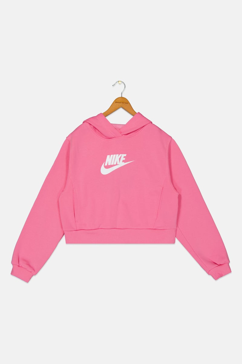Nike Kids Girl Brand Logo Long Sleeve Outdoor Crop Hoodie, Pink - Image 2