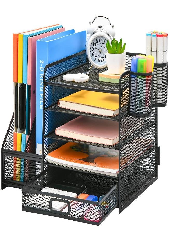 Marbrasse Marbrasse Desk Organizer with File Holder, 5-Tier Paper Letter Tray Organizer with Drawer and 2 Pen Holder, Mesh Desktop Storage with Magazine Holder for Office Supplies (Black)  - Image 1