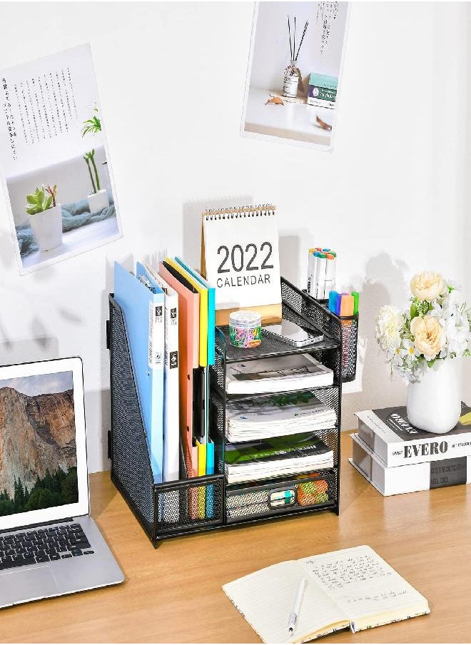 Marbrasse Marbrasse Desk Organizer with File Holder, 5-Tier Paper Letter Tray Organizer with Drawer and 2 Pen Holder, Mesh Desktop Storage with Magazine Holder for Office Supplies (Black)  - Image 2