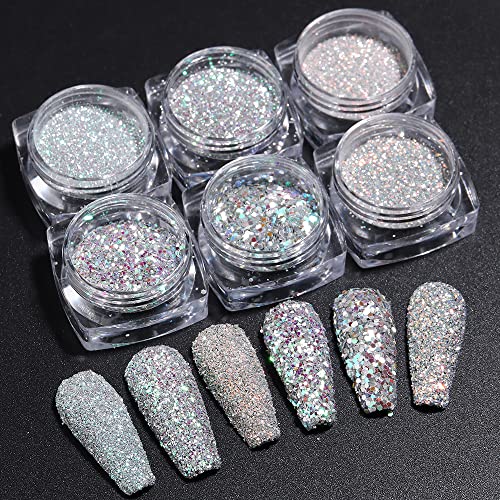 Fcozpjk Reflective Nail Powder 6 Boxes Sparkling Diamond Glitter for Nails Iridescent Sequins Holographic Super Bright Pigment Dust Nail Art Decor - Image 1