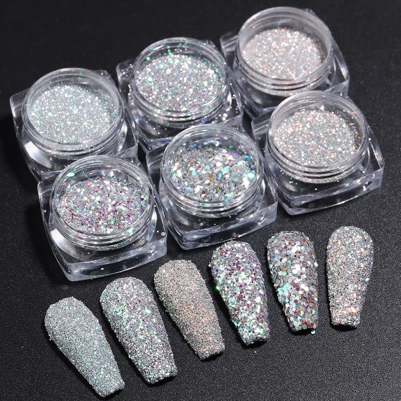 Fcozpjk Reflective Nail Powder 6 Boxes Sparkling Diamond Glitter for Nails Iridescent Sequins Holographic Super Bright Pigment Dust Nail Art Decor - Image 3
