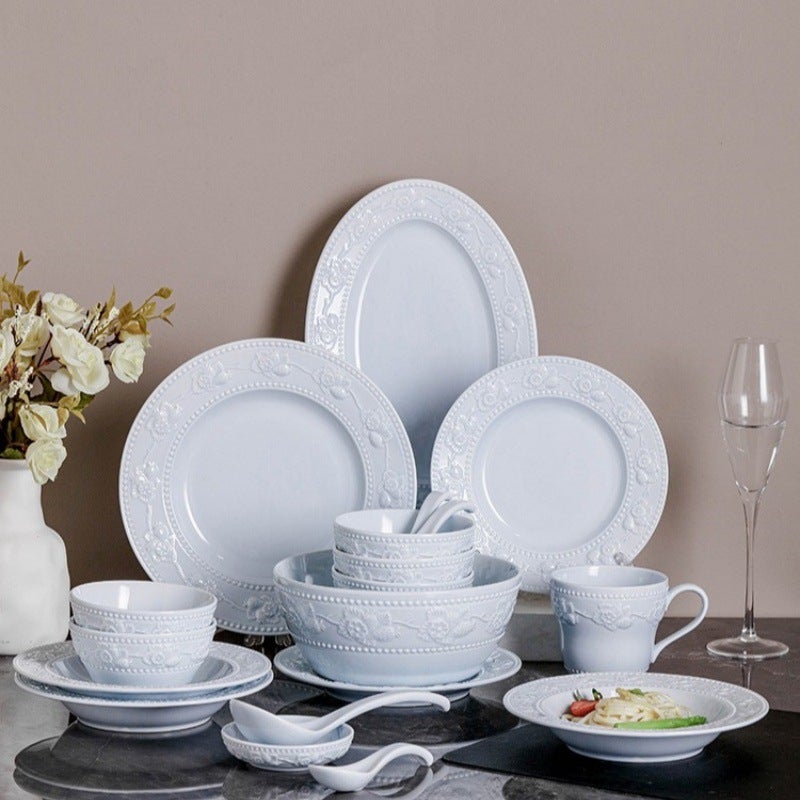 Sea Salt Blue French-Style Embossed Dish Tableware Suit Ceramic Dishes And Plates Dish Household High-Value Plates Dinner Plate Soup Bowl - Image 2