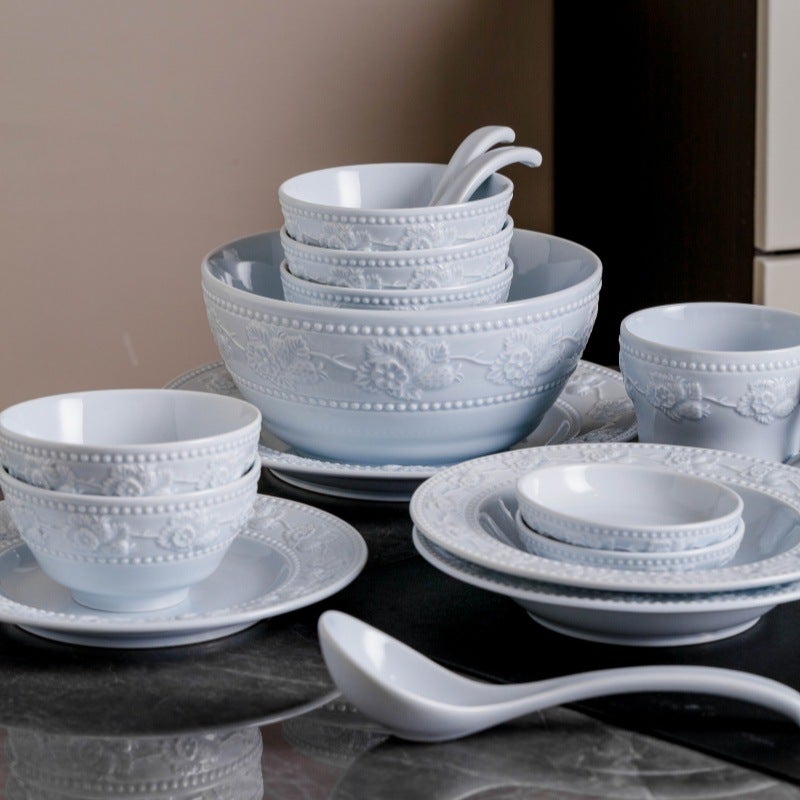 Sea Salt Blue French-Style Embossed Dish Tableware Suit Ceramic Dishes And Plates Dish Household High-Value Plates Dinner Plate Soup Bowl - Image 4