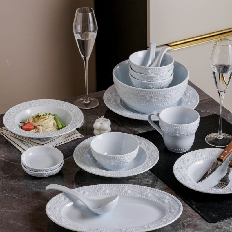 Sea Salt Blue French-Style Embossed Dish Tableware Suit Ceramic Dishes And Plates Dish Household High-Value Plates Dinner Plate Soup Bowl - Image 3