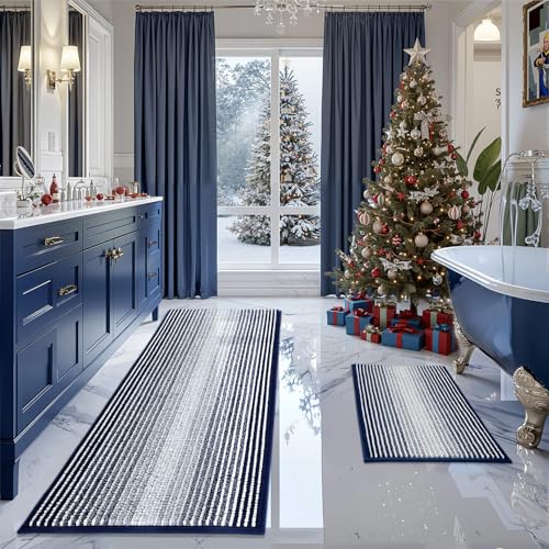 BSICPRO Bathroom Rugs and Mats Sets 2 Piece Thick Absorbent Chenille Bath Mat Rug Set Non Slip Soft Shaggy Bath Room Floor Mats for Bathroom Machine Washable Navy 24 x 70 Plus 20 x 32