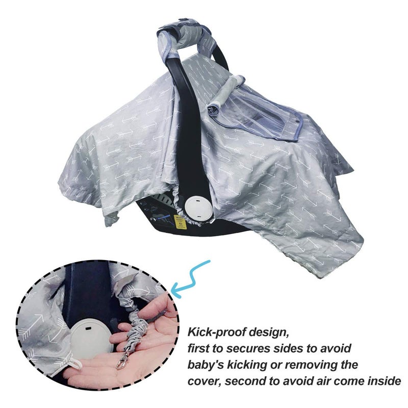 ICOPUCA Car seat Covers for Babies boy Girl, Carseat Canopy for Newborn Carrier, 2 Layers Windows of mesh/Fabric, No Shifting on Carrier Handle, Handle Cushion, Cotton & Grey Minky - Image 3