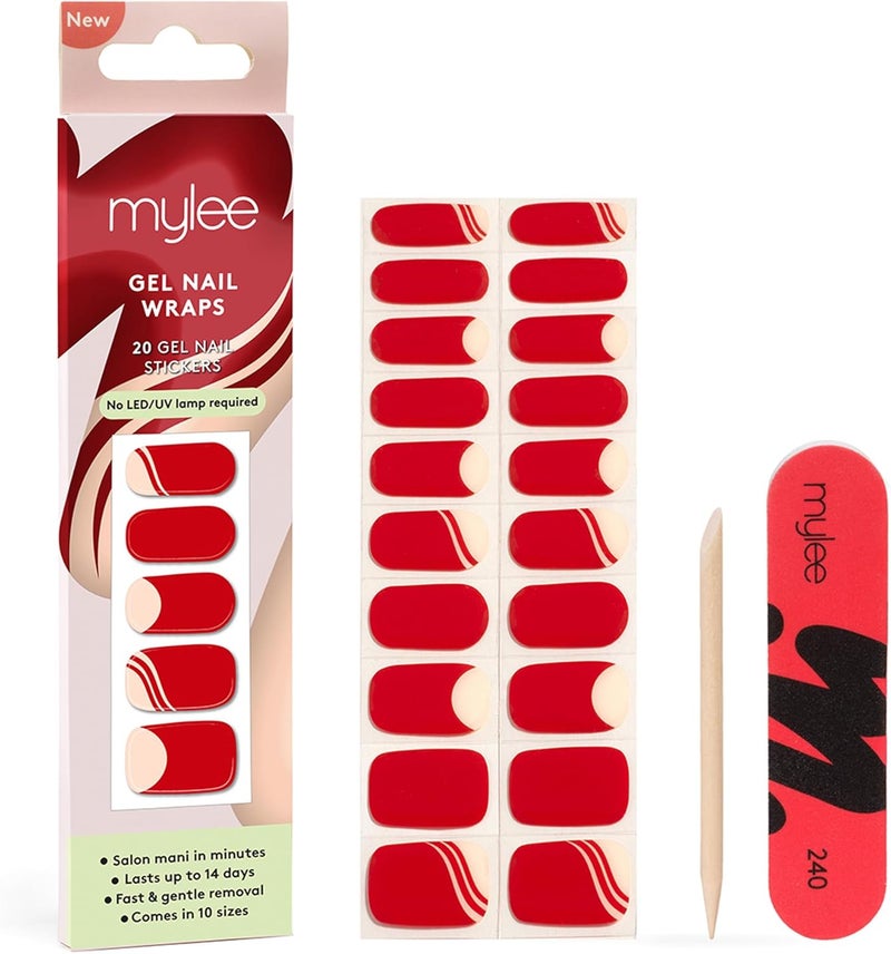 Mylee Gel Nail Wraps Lady in Red 10 PreCured Gel Stickers for Instant Mani No Lamp Needed ChipResistant Glossy Finish Lasts Up to 14 Days Easy to Apply Vegan CrueltyFree