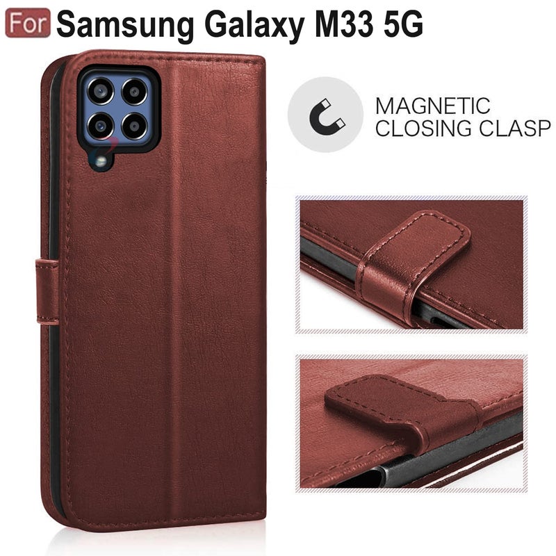 Cedo Samsung Galaxy M33 (5G) Flip Cover | Leather Finish | Inside Pockets & Inbuilt Stand | Shockproof Wallet Style Magnetic Closure Back Case Flipcover (Brown) - Image 2
