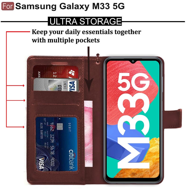 Cedo Samsung Galaxy M33 (5G) Flip Cover | Leather Finish | Inside Pockets & Inbuilt Stand | Shockproof Wallet Style Magnetic Closure Back Case Flipcover (Brown) - Image 4