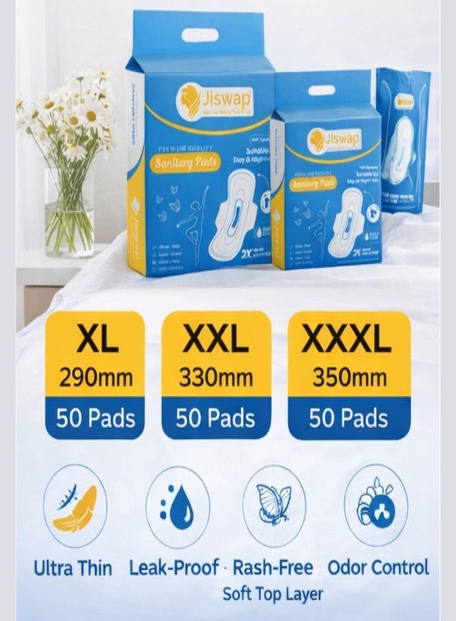 Jiswap Ultra Thin Sanitary Pads for Women | Regular Absorbency XL Size with Wings | Unscented Soft Cottony Feel | Leak-Proof Protection for Day Use – Pack of 50 - Image 3