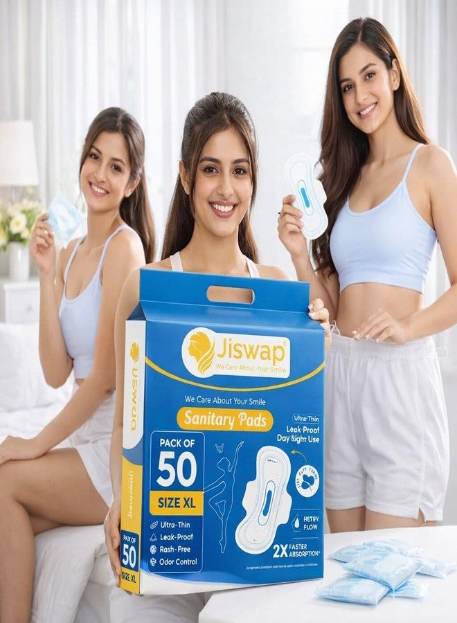 Jiswap Ultra Thin Sanitary Pads for Women | Regular Absorbency XL Size with Wings | Unscented Soft Cottony Feel | Leak-Proof Protection for Day Use – Pack of 50 - Image 1