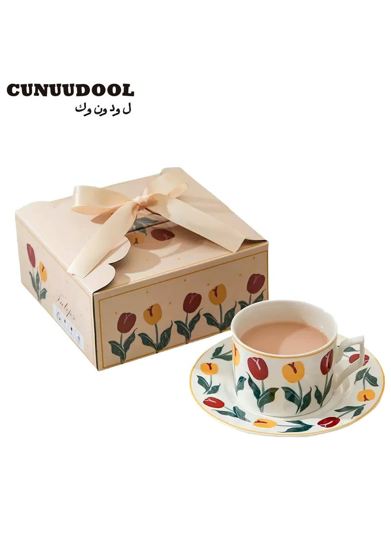 CUNUUDOOL Vintage Tulip Floral Coffee Mug With Saucer Set, Hand-Painted 220ml British Style Tea Cup,Porcelain Modern Water Cup For Office And Home, Gift Box For Mother's Day Or Birthday. - Image 1