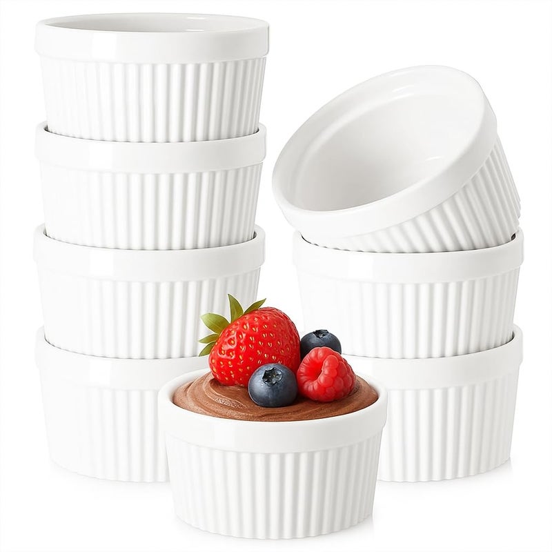 12 OZ Ramekin BowlsWERTIOO 8 PCS Ramekins for for Baking and Cooking Oven Safe Sleek Porcelain Ramikins for Pudding Creme Brulee Custard Cups